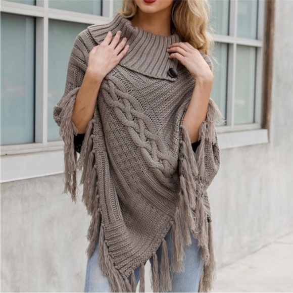 Boutique Sweaters - NIP Cozy Mocha Button Detail Tassel Thick Knit Fringe Textured Poncho Sweater OS
